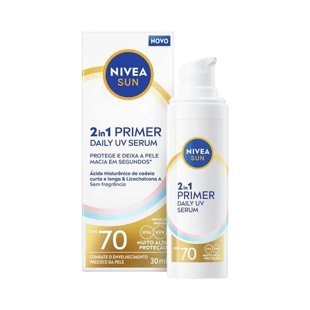 Frasco do Sérum Facial Nivea Sun Primer 2 in 1 Daily UV FPS 70 com embalagem branca e detalhes em azul e dourado